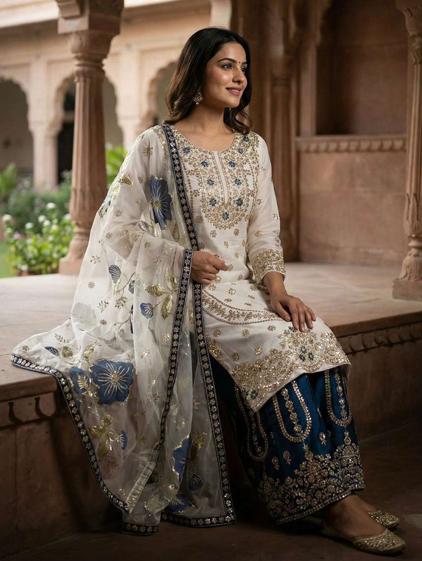 women embroidered three quarter sleeves kurta palazzo set with dupatta - 22579728 -  Standard Image - 1