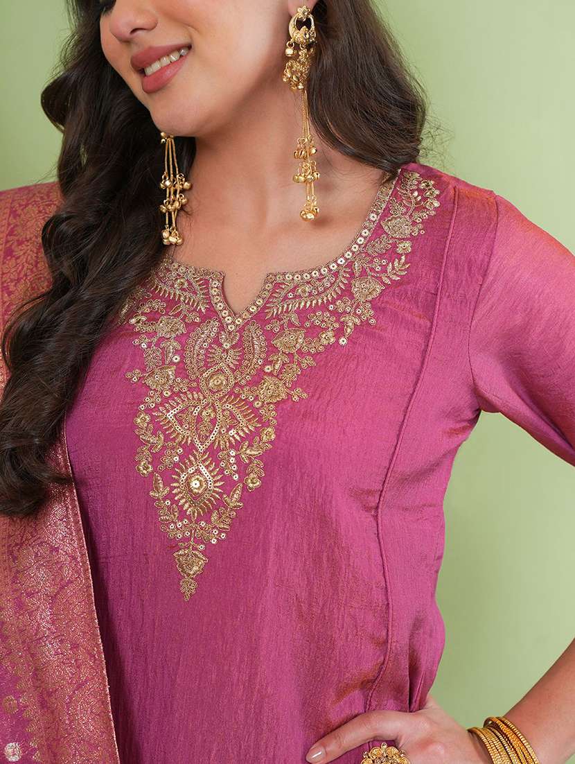 women embroidered three quarter sleeves kurta palazzo set with dupatta - 22579741 -  Standard Image - 1