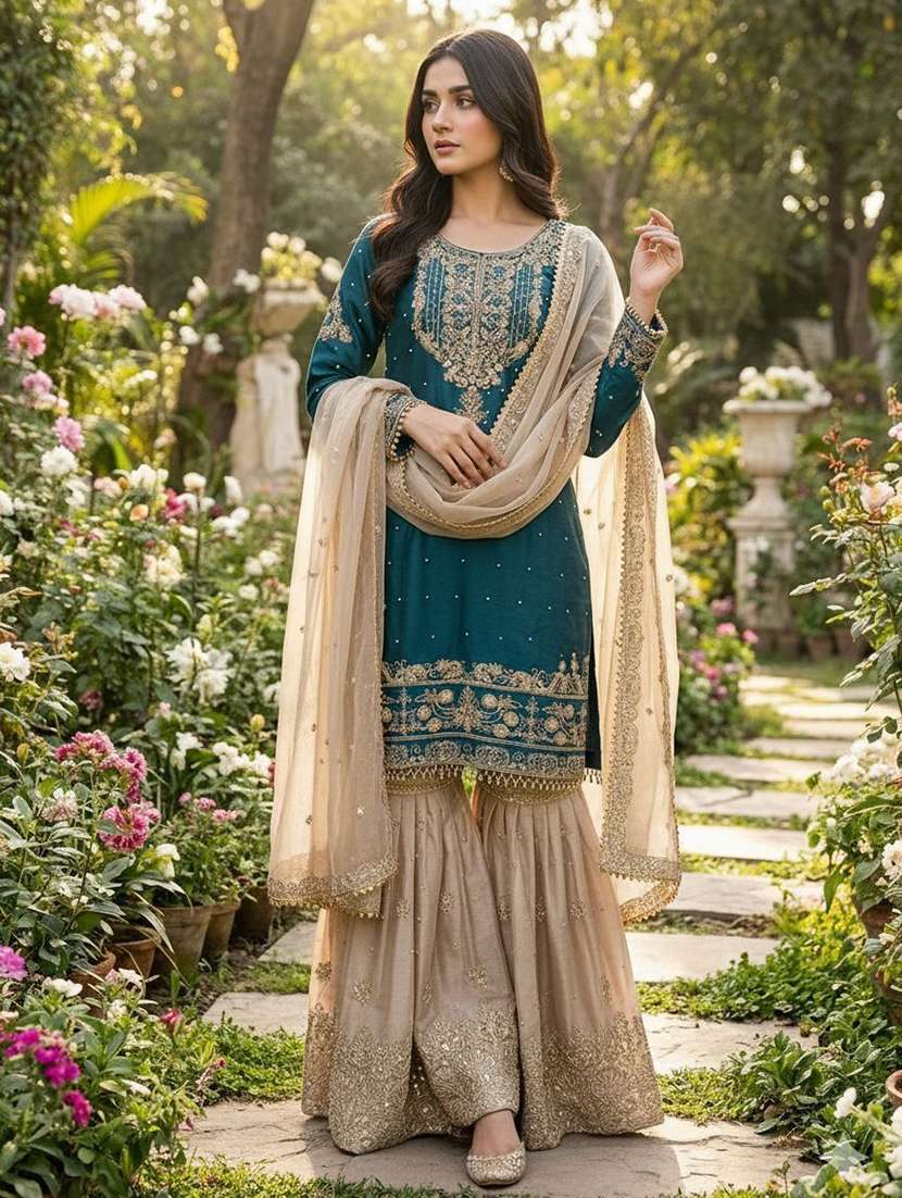 women embroidered long sleeves kurta sharara set with dupatta - 22579759 -  Standard Image - 1
