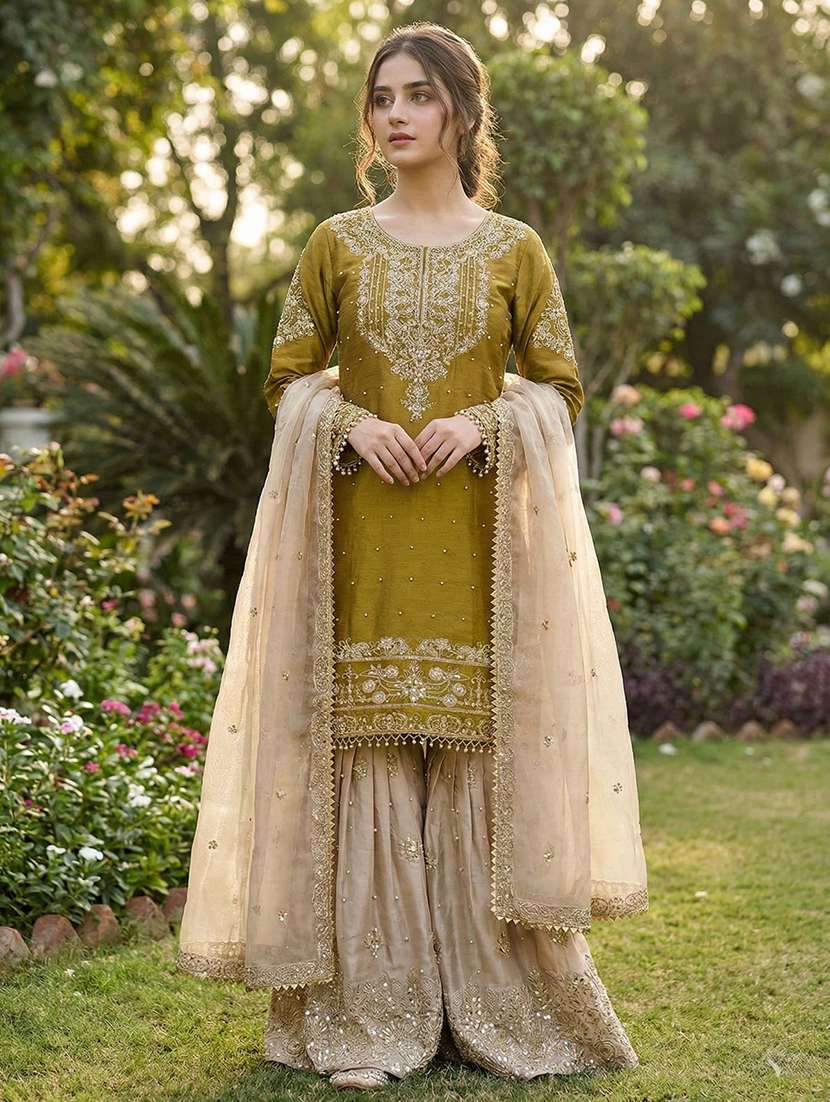 women embroidered long sleeves kurta sharara set with dupatta