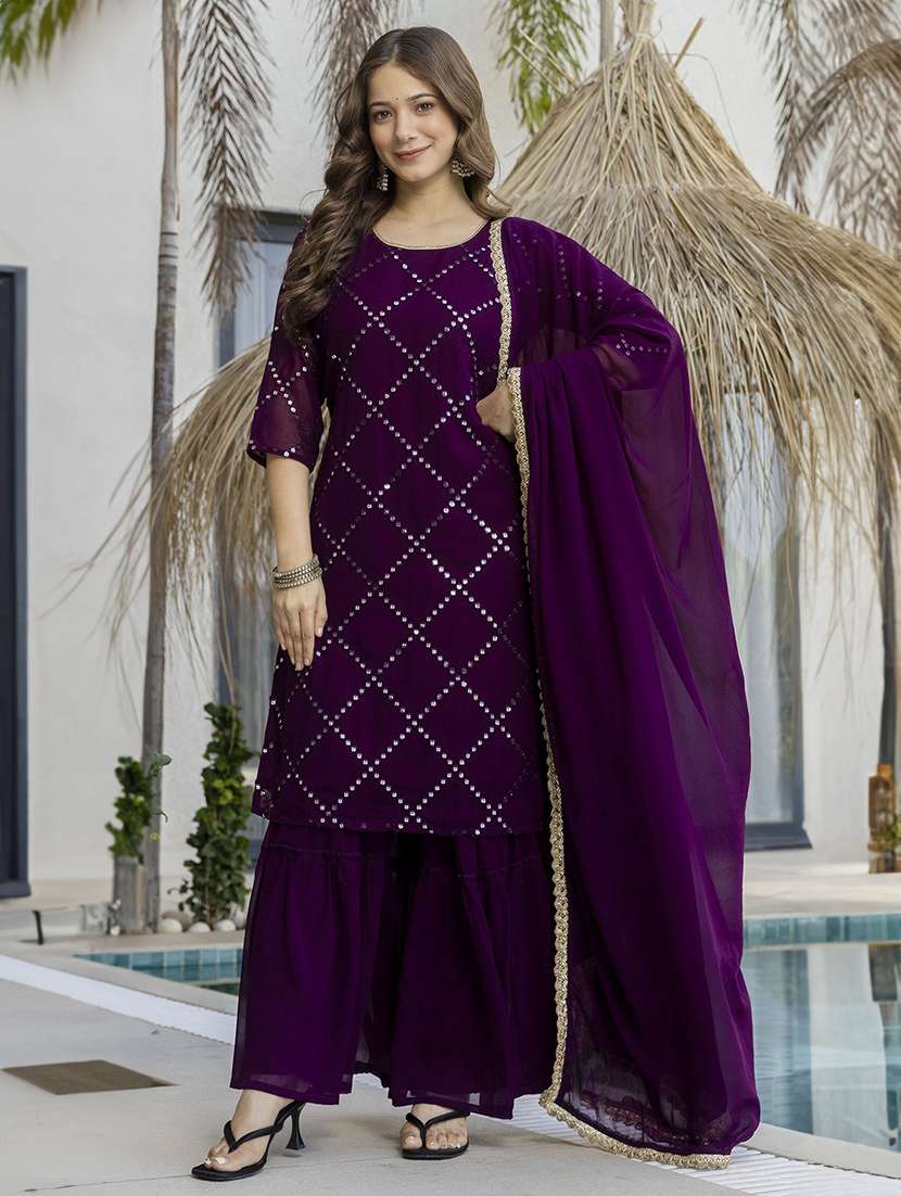 women embroidered three quarter sleeves kurta palazzo set with dupatta