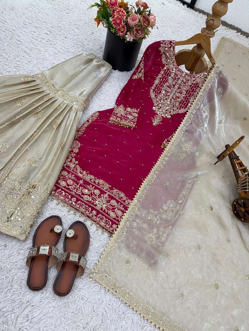 women embroidered long sleeves kurta sharara set with dupatta - 22579907 -  Standard Image - 4