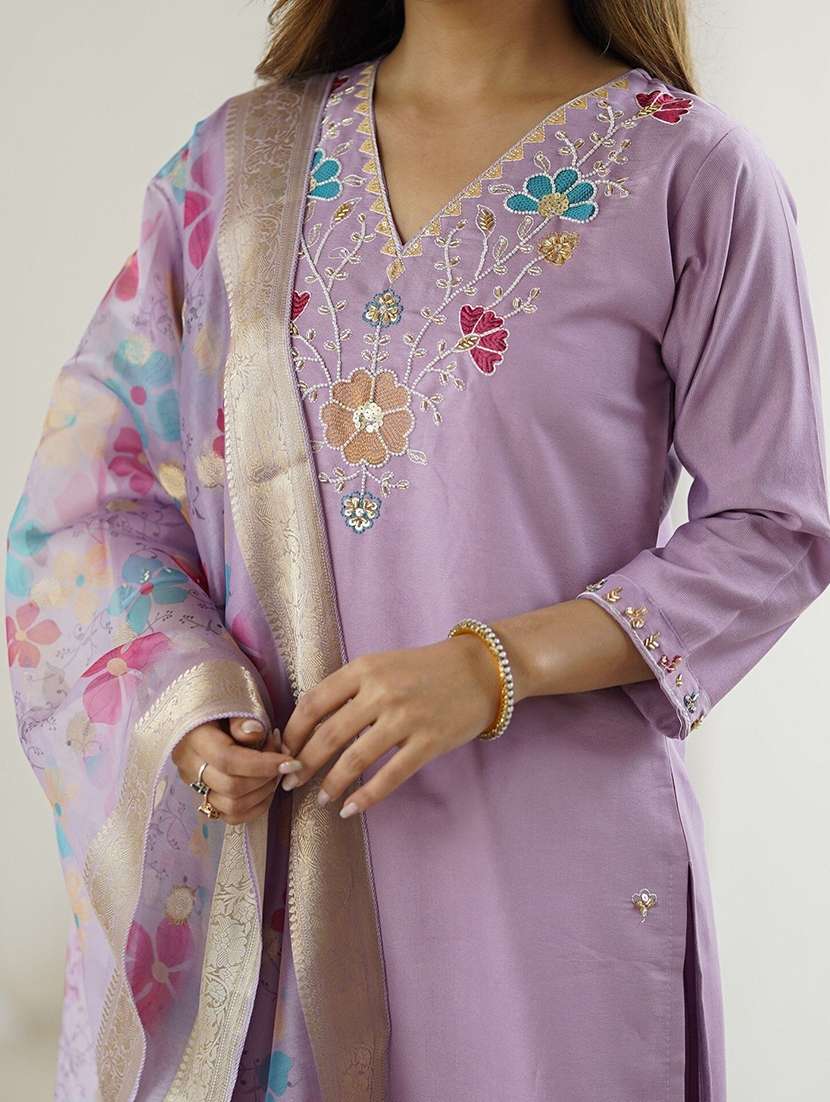 women embroidered three quarter sleeves kurta pant set with dupatta - 22579913 -  Standard Image - 1
