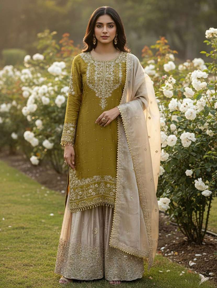 women embroidered long sleeves kurta sharara set with dupatta