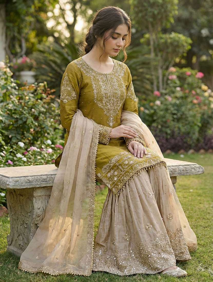 women embroidered long sleeves kurta sharara set with dupatta - 22579944 -  Standard Image - 1