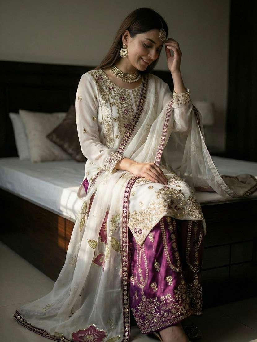 women embroidered three quarter sleeves kurta palazzo set with dupatta - 22579951 -  Standard Image - 1