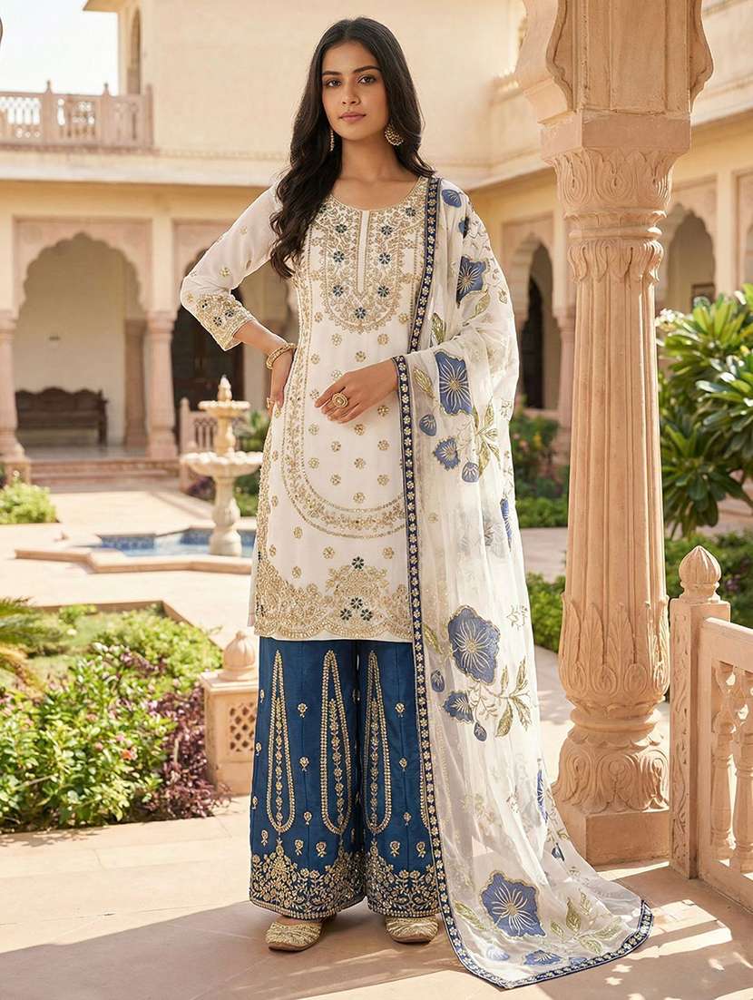 women embroidered long sleeves kurta palazzo set with dupatta