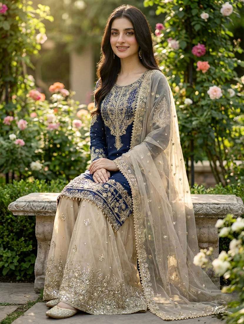 women embroidered long sleeves kurta sharara set with dupatta - 22580023 -  Standard Image - 1