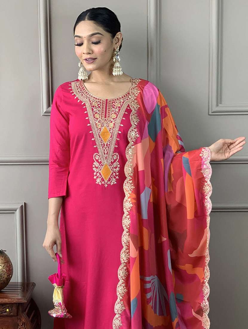 women embroidered three quarter sleeves kurta pant set with dupatta - 22580090 -  Standard Image - 1