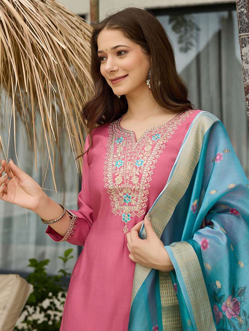 women embroidered three quarter sleeves kurta pant set with dupatta - 22580091 -  Standard Image - 1