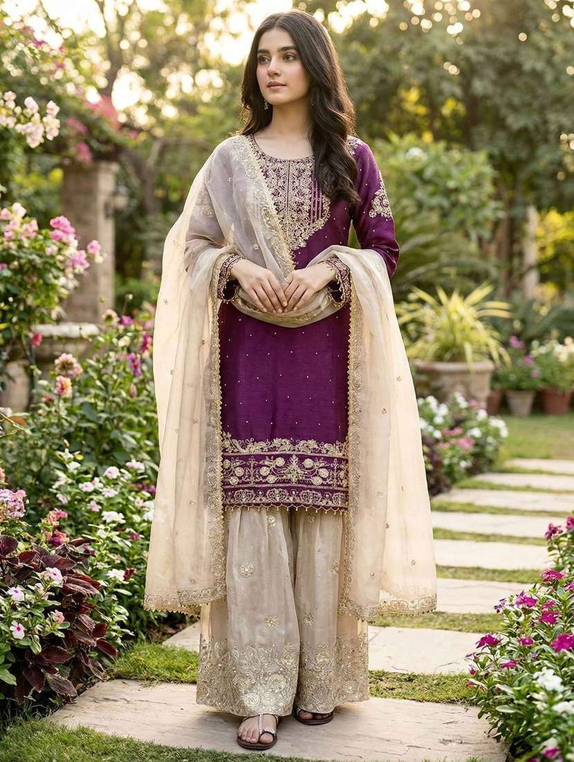women embroidered long sleeves kurta sharara set with dupatta - 22580105 -  Standard Image - 1