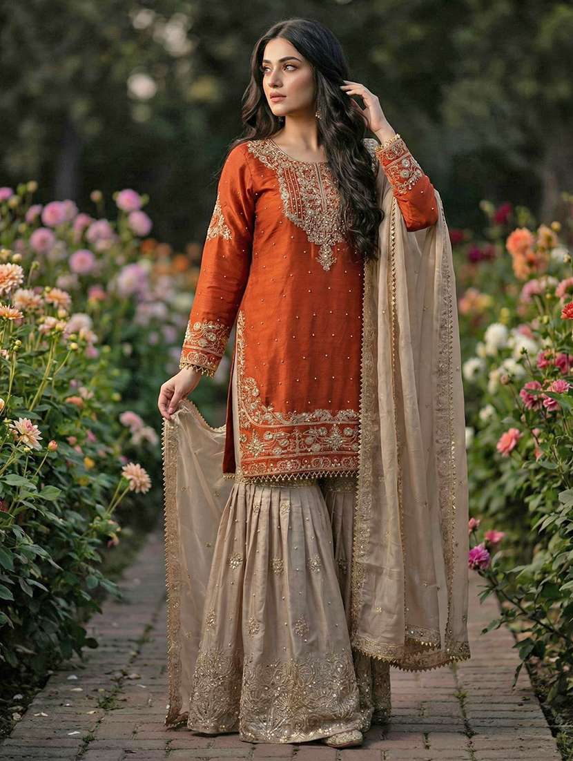 women embroidered long sleeves kurta sharara set with dupatta
