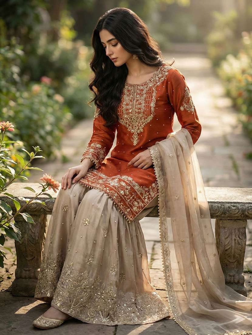 women embroidered long sleeves kurta sharara set with dupatta - 22580106 -  Standard Image - 1
