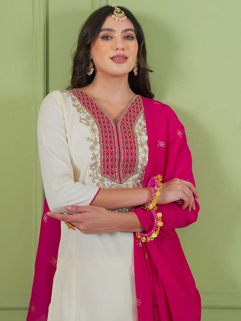 women embroidered three quarter sleeves kurta pant set with dupatta - 22580128 -  Standard Image - 1