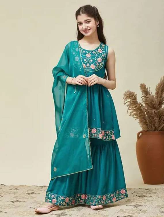 girls embroidered sleeveless kurta sharara set with dupatta