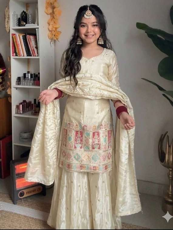 girls embroidered three quarter sleeves kurta palazzo set with dupatta