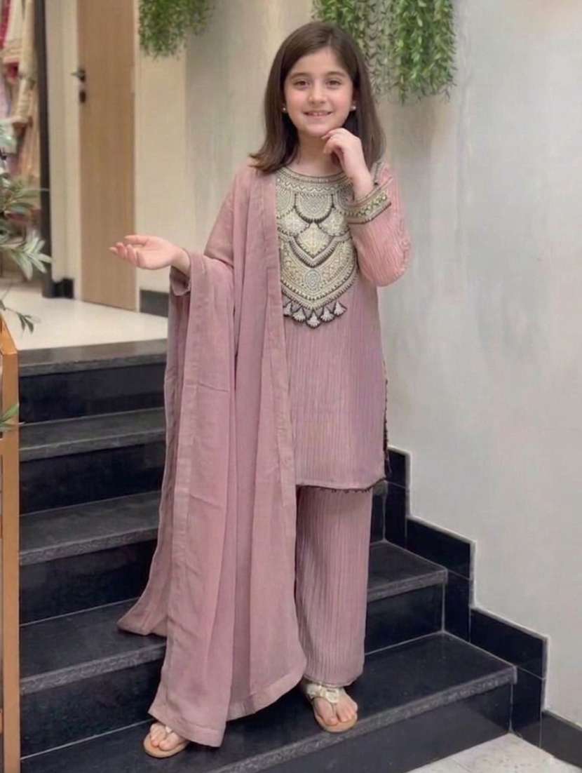 girls embroidered long sleeves kurta pant set with dupatta