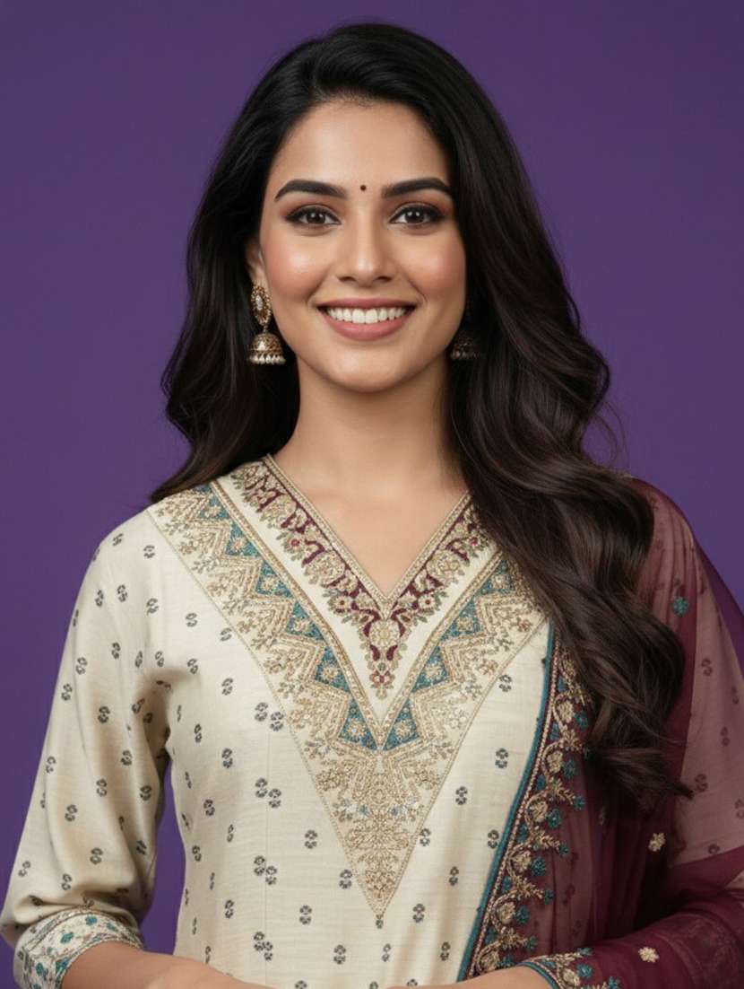 women embroidered three quarter sleeve kurta pant with dupatta set - 22580199 -  Standard Image - 1
