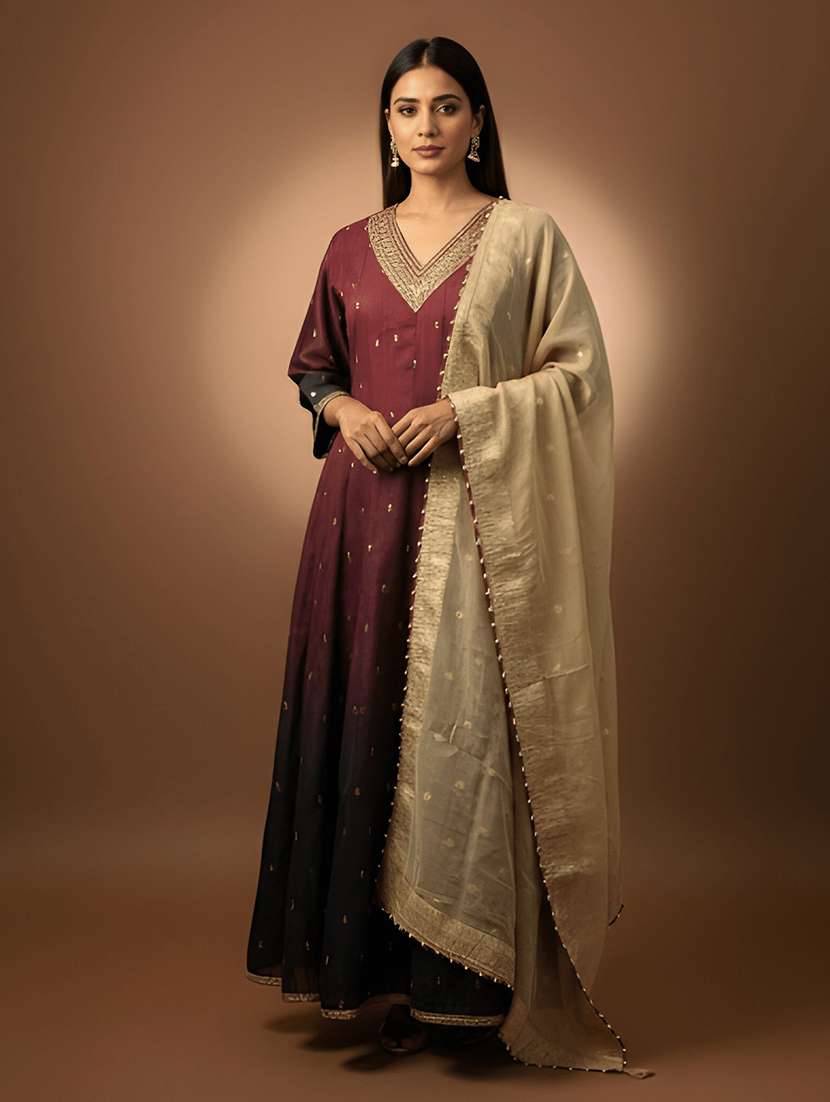 women embroidered three quarter sleeve kurta pant with dupatta set