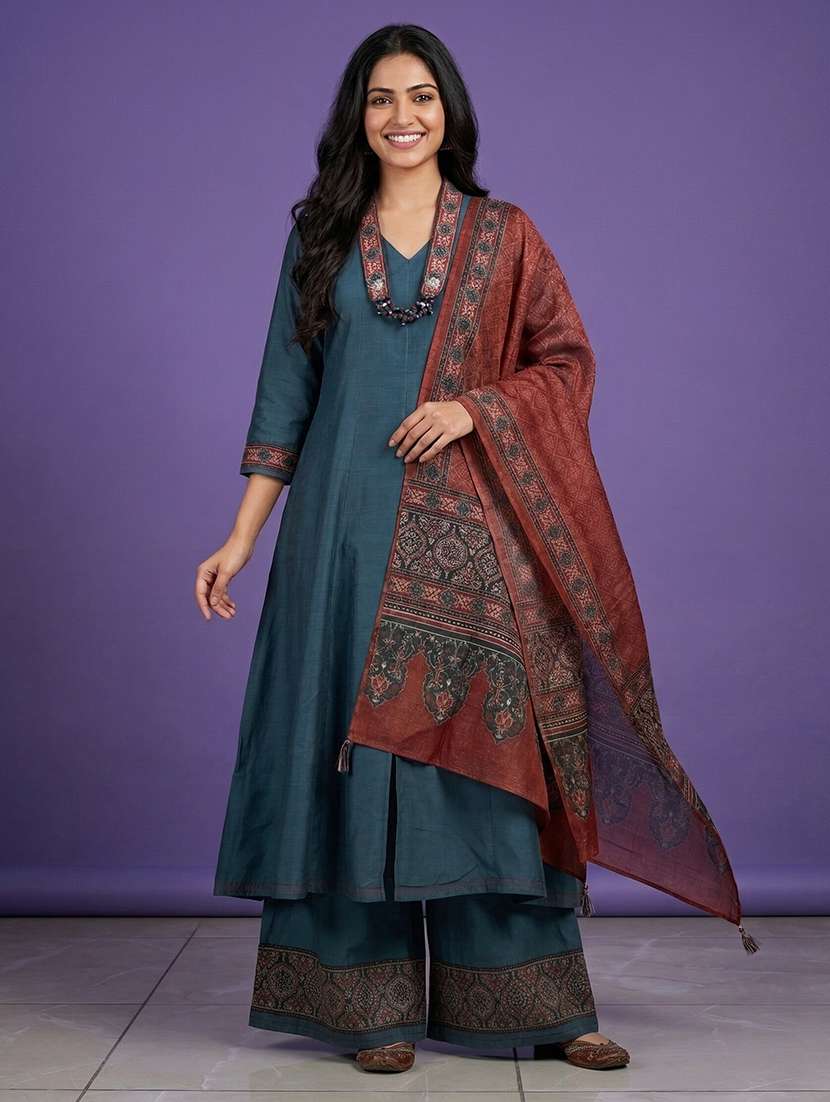 women solid three quarter sleeve kurta palazzo with dupatta set