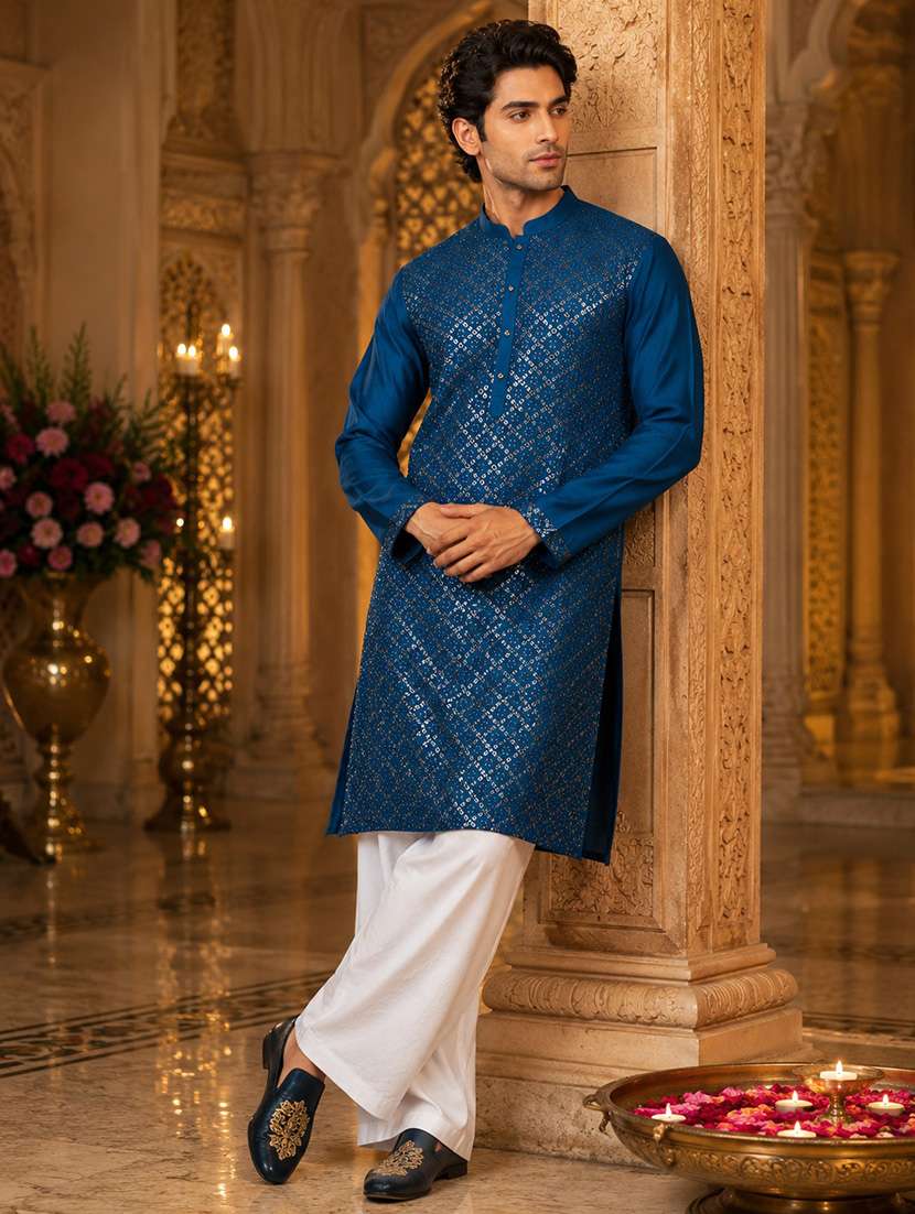 blue rayon kurta pyjama ethnic wear set
