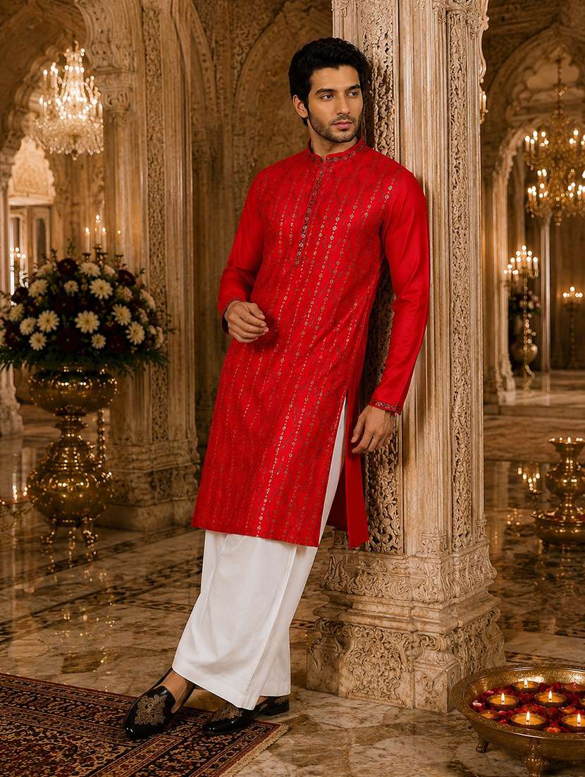 men embroidered mandarin neck kurta pyjama set