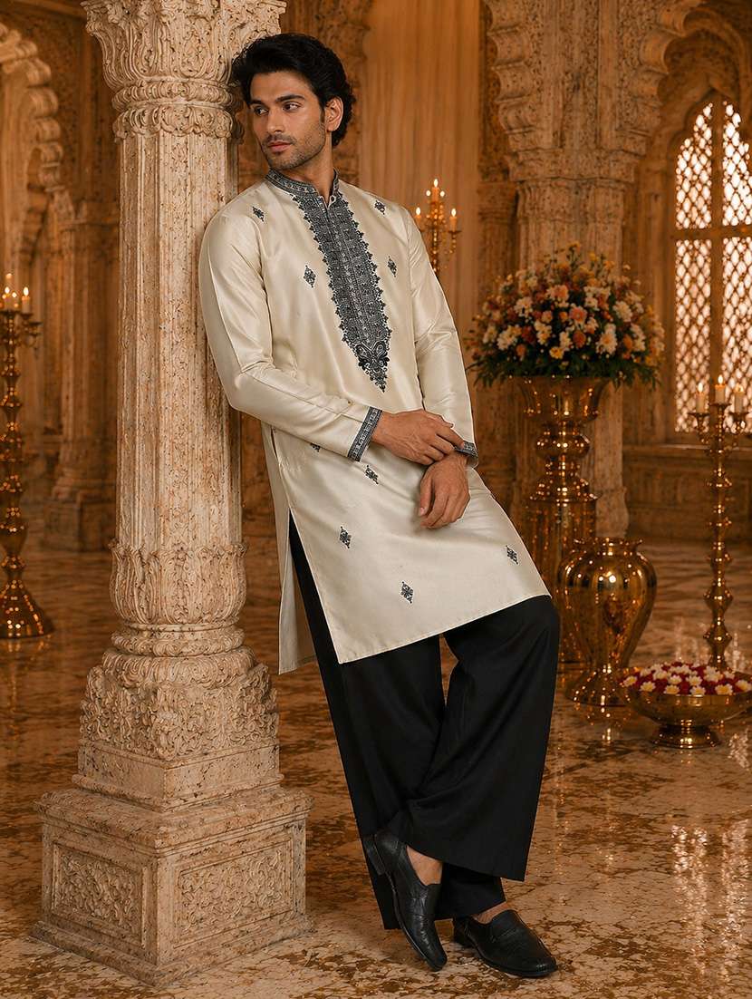 men embroidered mandarin neck kurta pyjama set