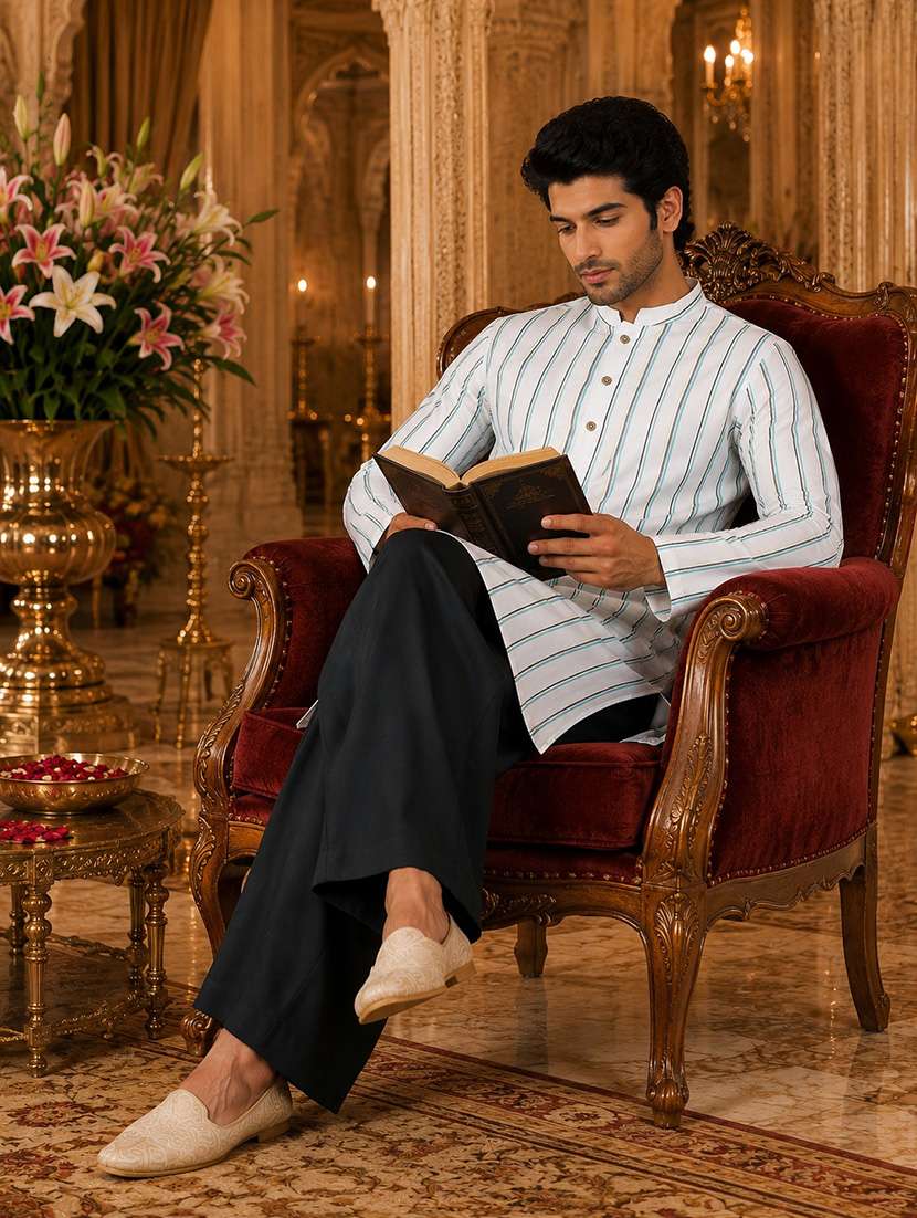 men striped mandarin neck kurta pyjama set - 22580287 -  Standard Image - 4