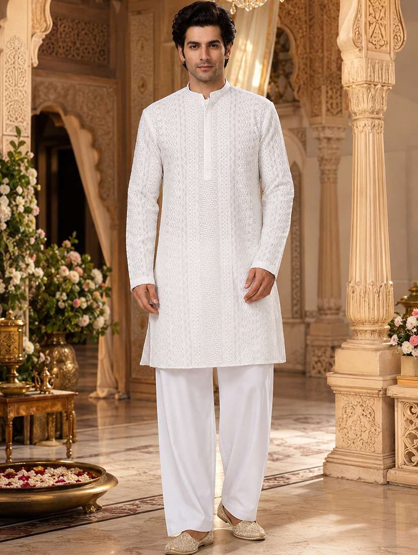 men embroidered mandarin neck kurta pyjama set - 22580334 -  Standard Image - 1