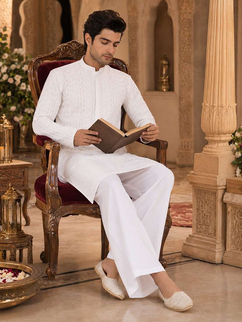 men embroidered mandarin neck kurta pyjama set - 22580334 -  Standard Image - 4