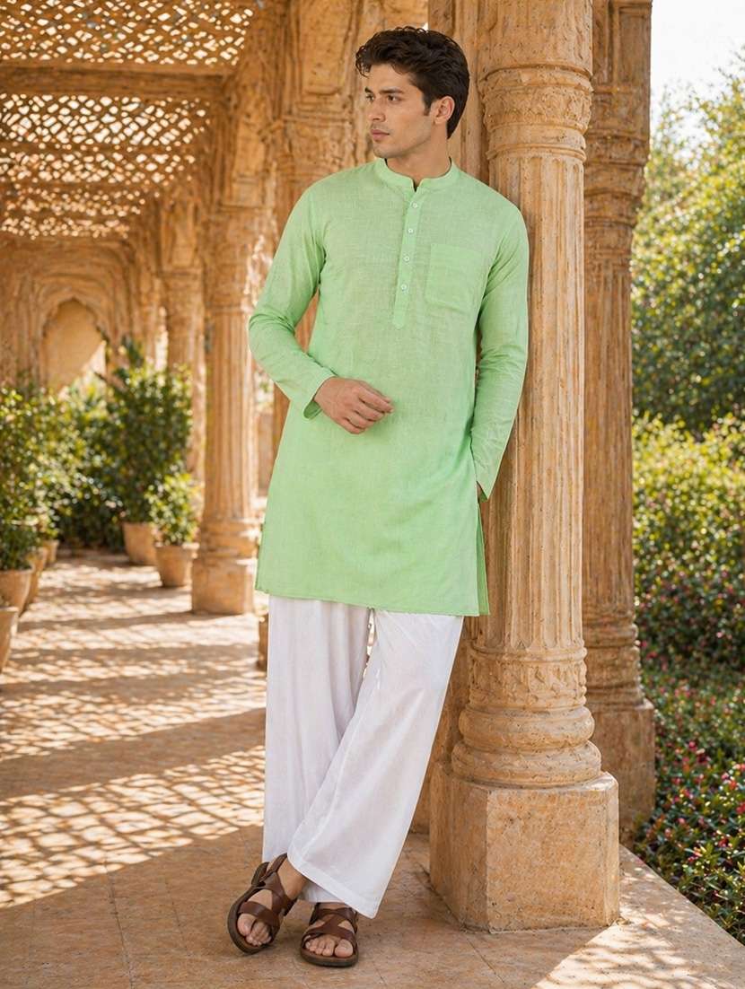 green cotton kurta pyjama ethnic wear set