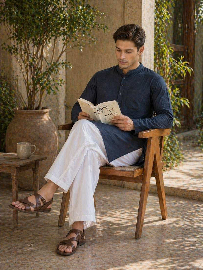 men solid mandarin neck kurta pyjama set - 22580346 -  Standard Image - 4