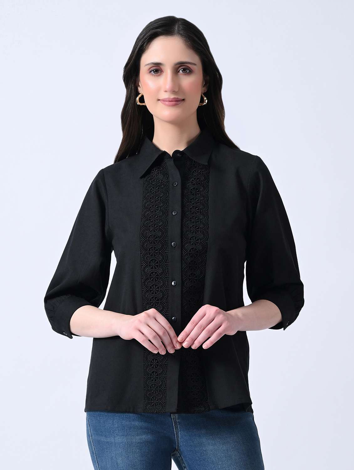 women solid three quarter sleeves regular shirt