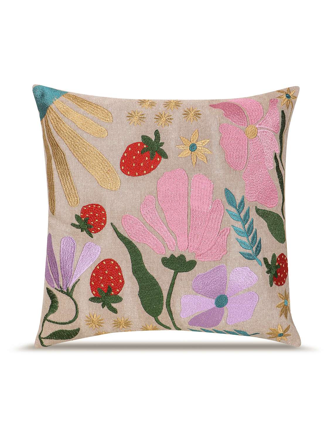 mezposh meadow threads beige cotton embroidered cushion cover (16"x16") - 22580527 -  Standard Image - 1