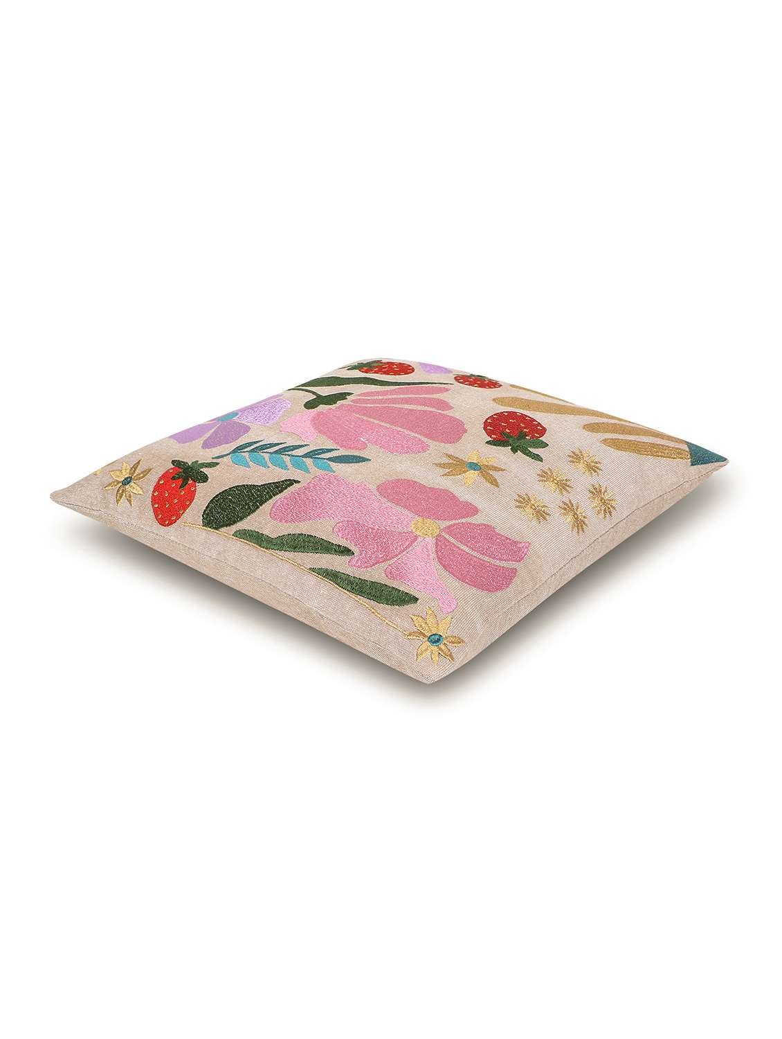 mezposh meadow threads beige cotton embroidered cushion cover (16"x16") - 22580527 -  Standard Image - 4