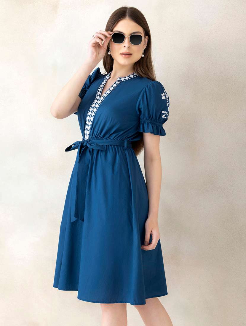 women embroidered puff sleeves a-line dress