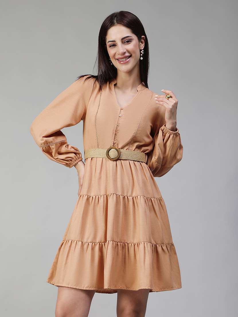 Women Solid Long Sleeves Tiered Dress - 22580547 -  Standard Image - 1