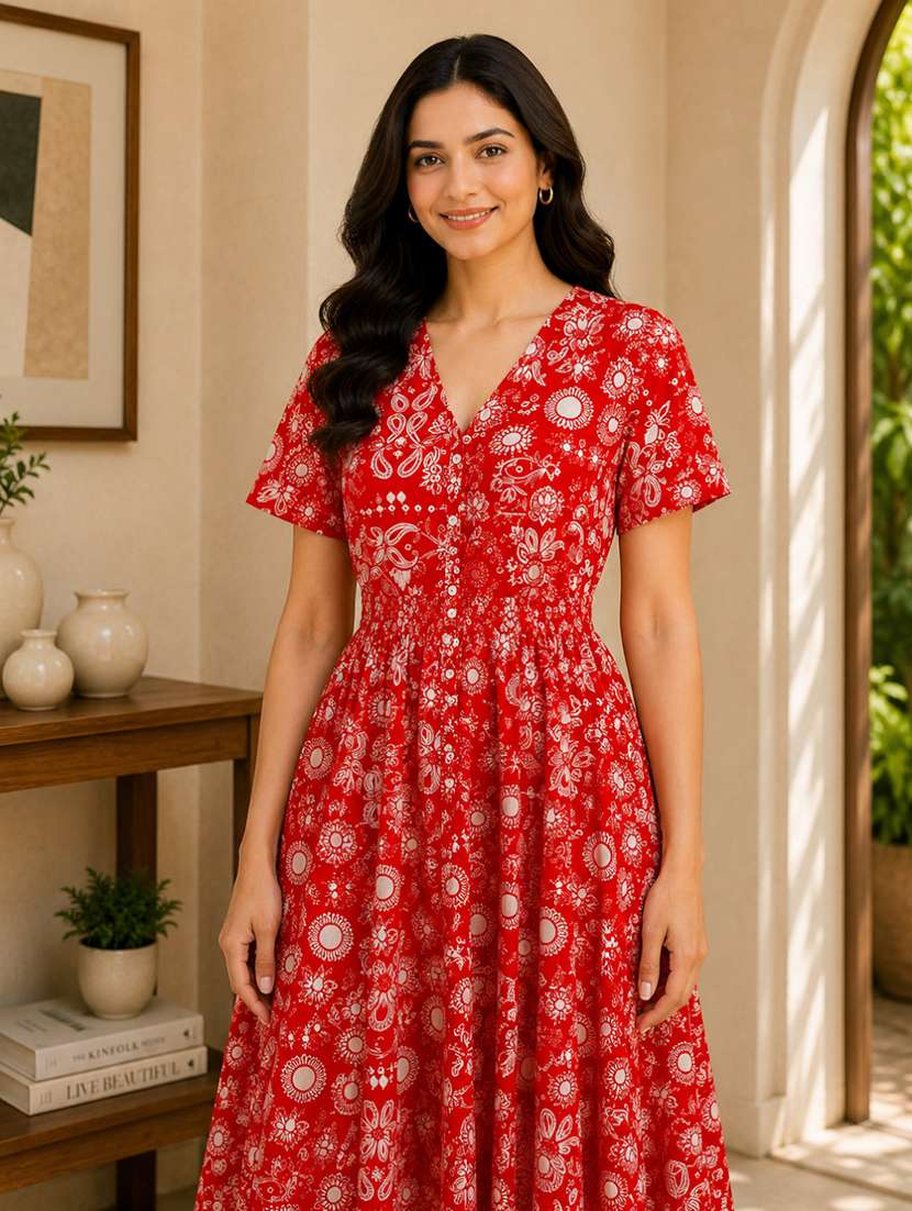 Women Pirnted Short Sleeves Fit And Flare Dress - 22580566 -  Standard Image - 1