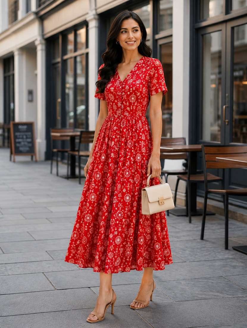 Women Pirnted Short Sleeves Fit And Flare Dress - 22580566 -  Standard Image - 4