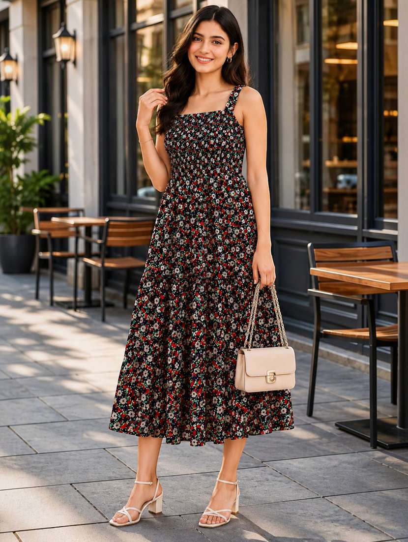 women printed shoulder strap fit and flare dress