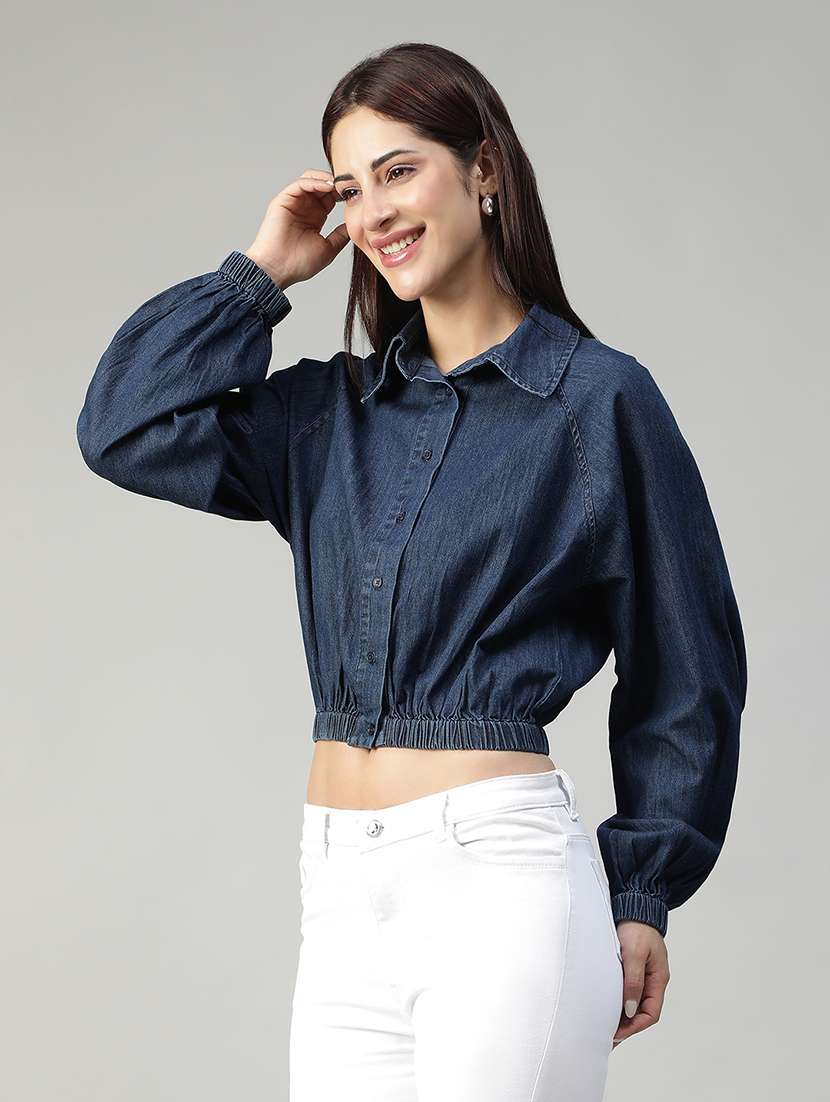 women solid long sleeves crop shirt - 22580590 -  Standard Image - 1