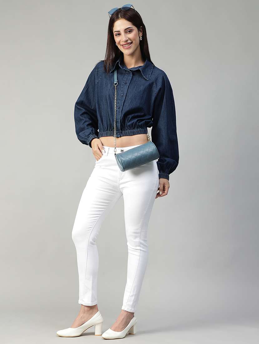 women solid long sleeves crop shirt - 22580590 -  Standard Image - 4