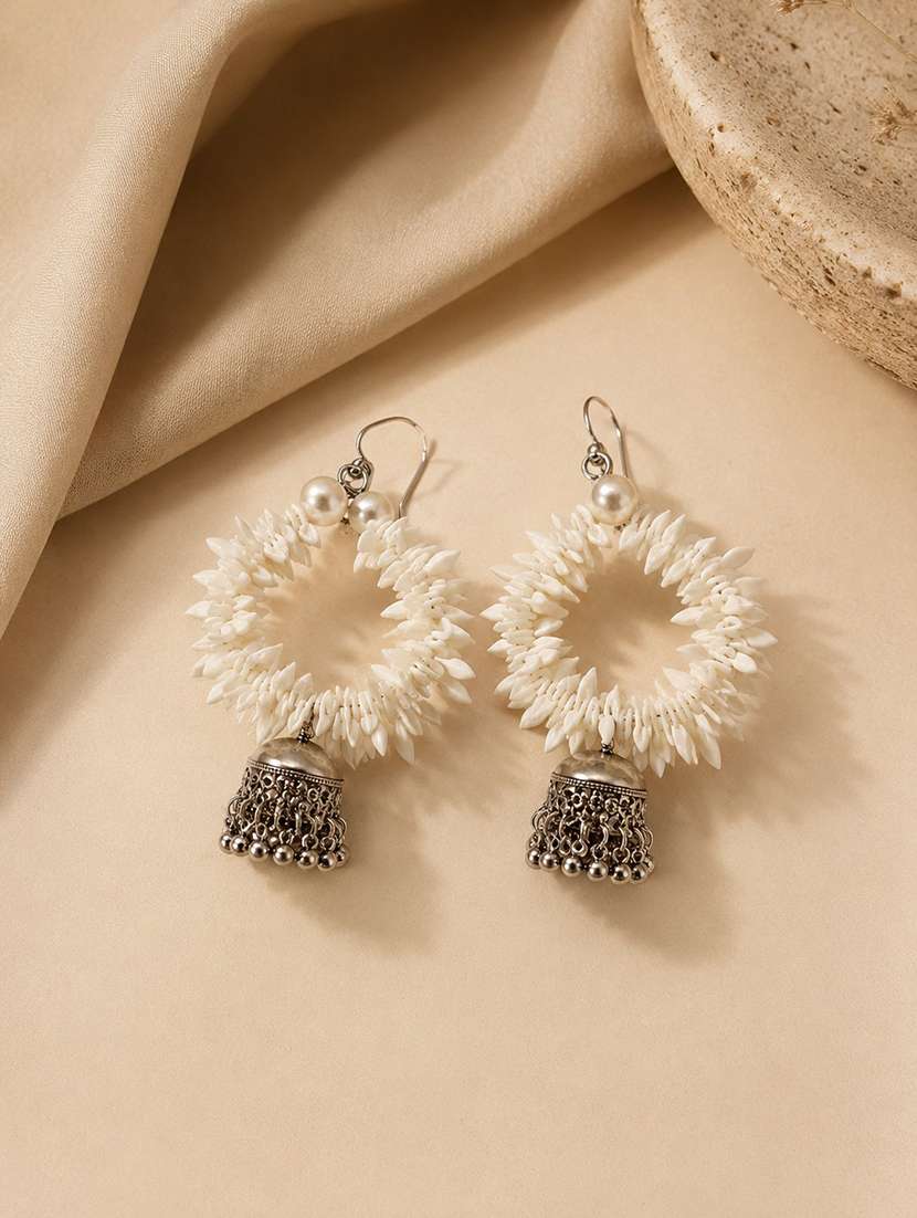 women's white shell hoop earrings with oxidised silver jhumka - 22580596 -  Standard Image - 1