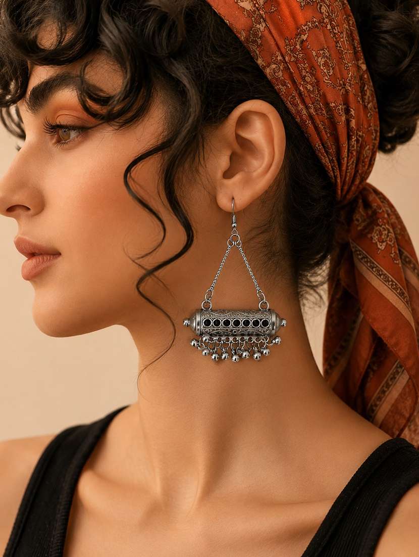 boho oxidised silver-toned tribal dangler earrings - 22580599 -  Standard Image - 1