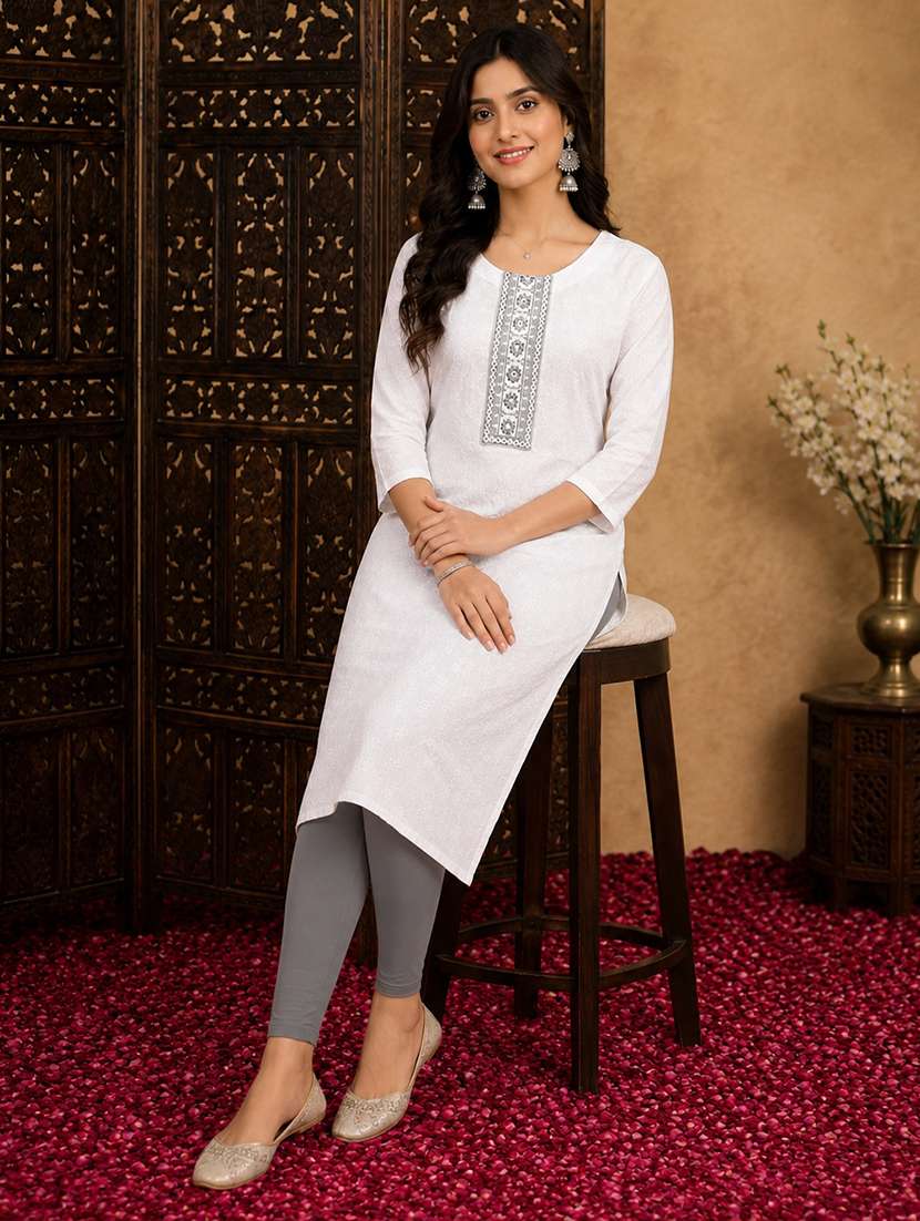 women solid with work three quarter sleeve straight kurta - 22580610 -  Standard Image - 4