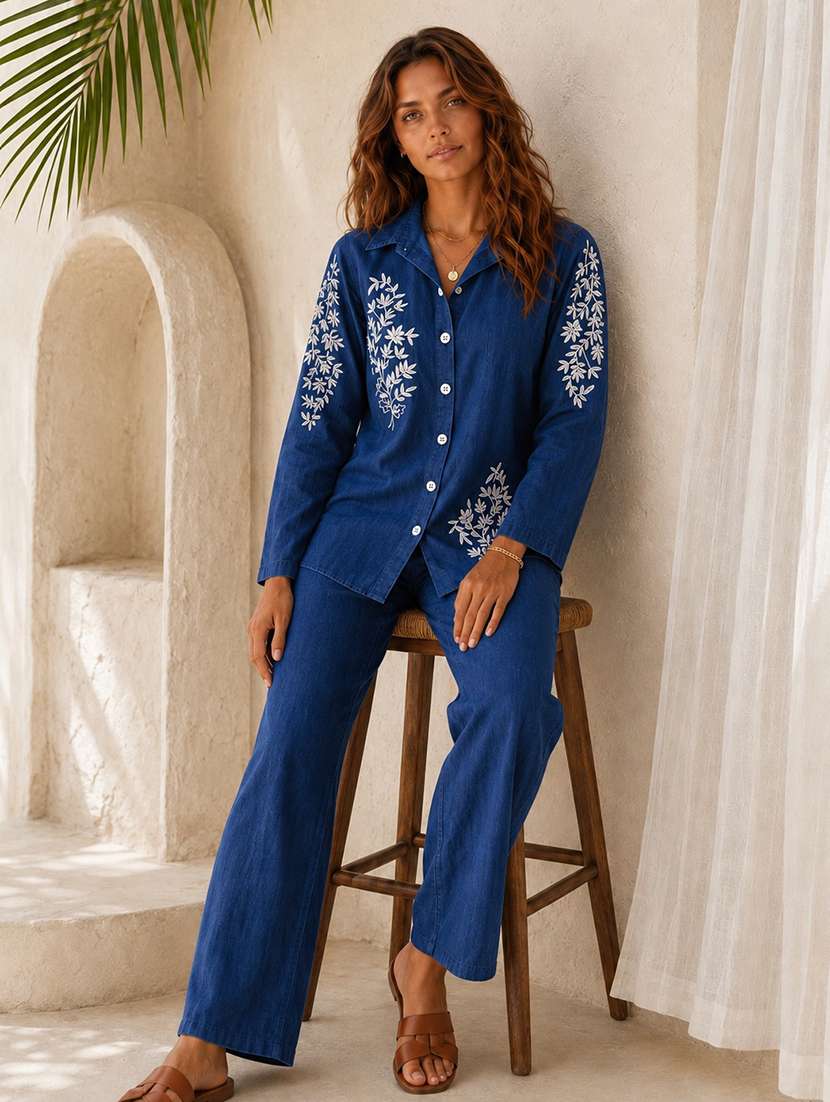 women embroidered long sleeves shirt and trouser co-ord set