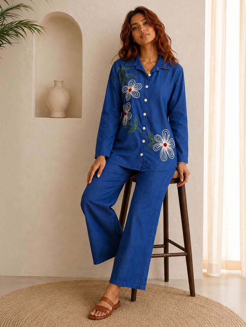 women embroidered long sleeves shirt and trouser co-ord set