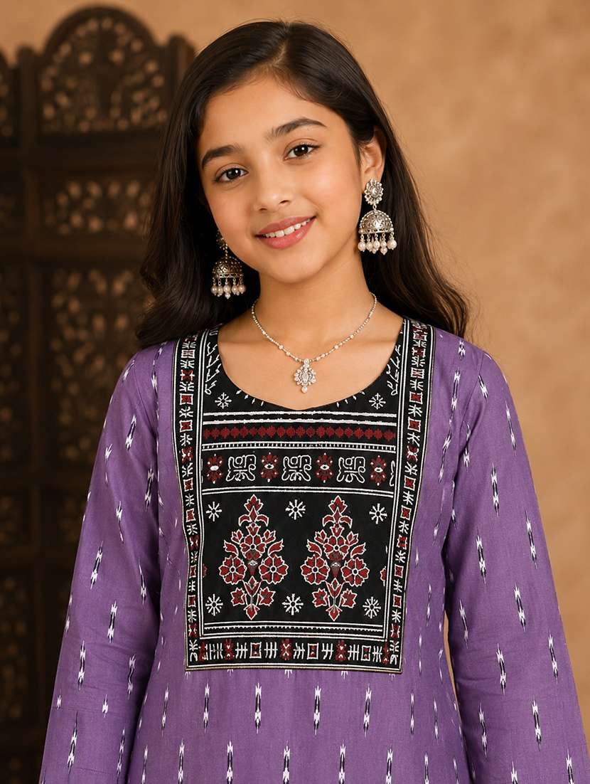 girls printed three quarter sleeves kurta palazzo set - 22580674 -  Standard Image - 1