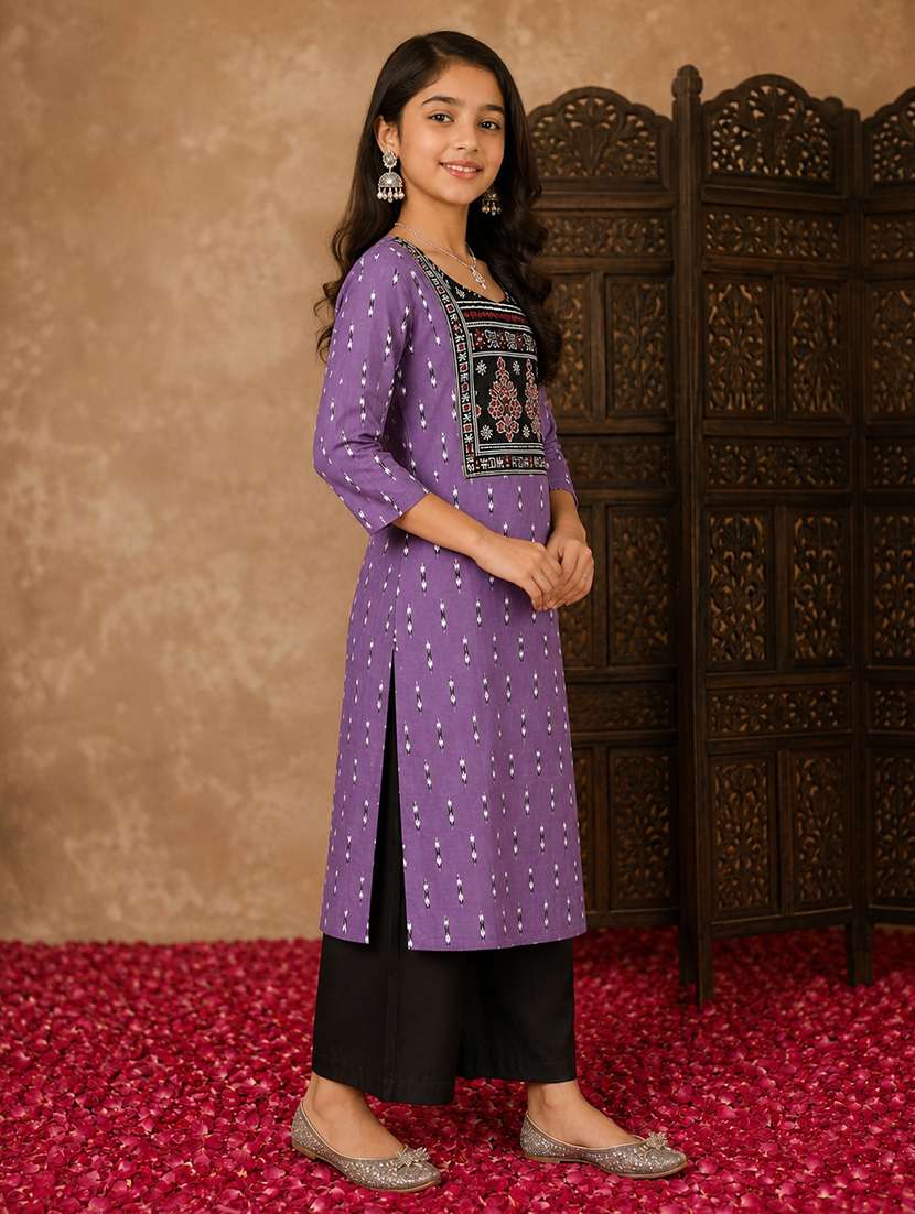 girls printed three quarter sleeves kurta palazzo set - 22580674 -  Standard Image - 4