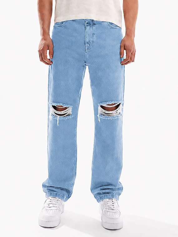 men slash knee mid rise full length baggy jeans